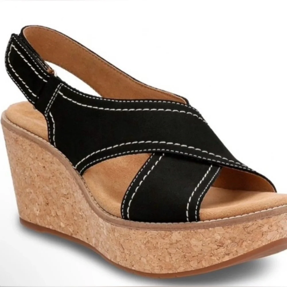 EUC CLARKS Aisley Tulip Wedge Sandal in Black  7.5 - Picture 7 of 8